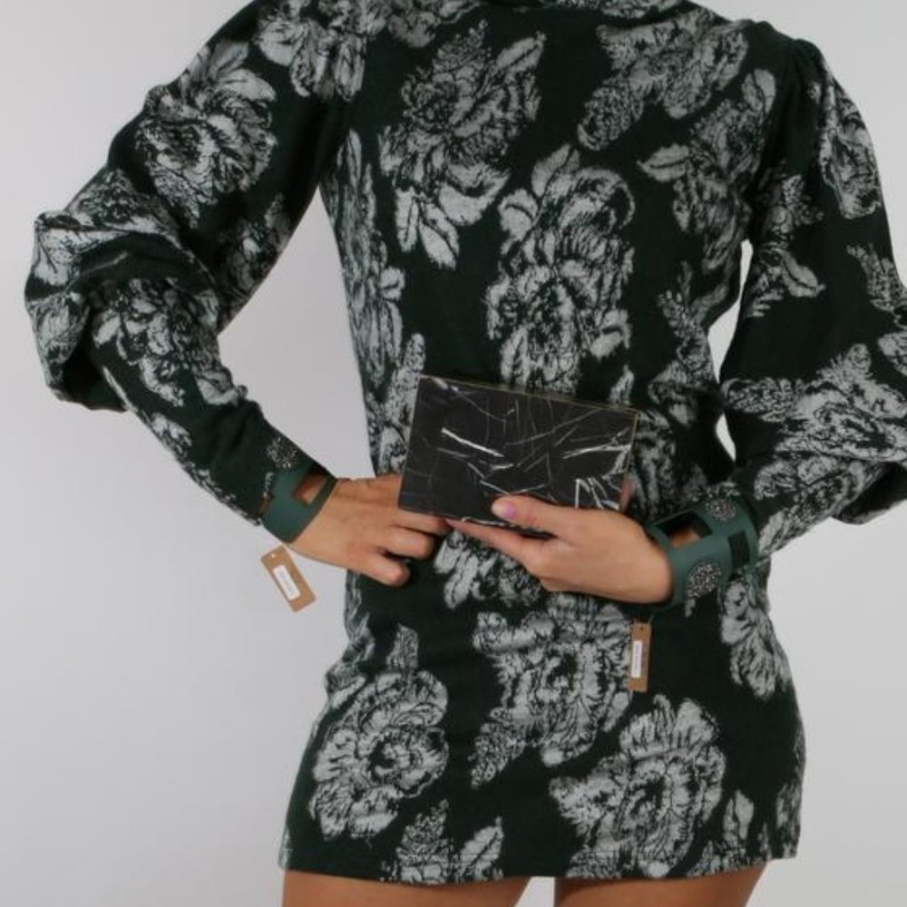 FREE PEOPLE Dress Long Sleeve Mini Sweater Wool Mock Neck Floral Boho Green XS - Picture 6 of 10